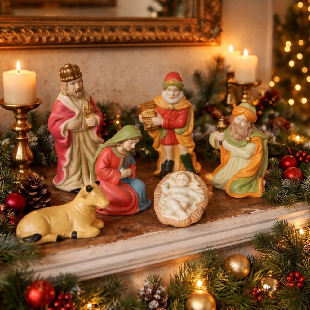 Mid Century Nativity Set Japan Ceramic 6 Piece Hand Painted‎ Pastel Christmas